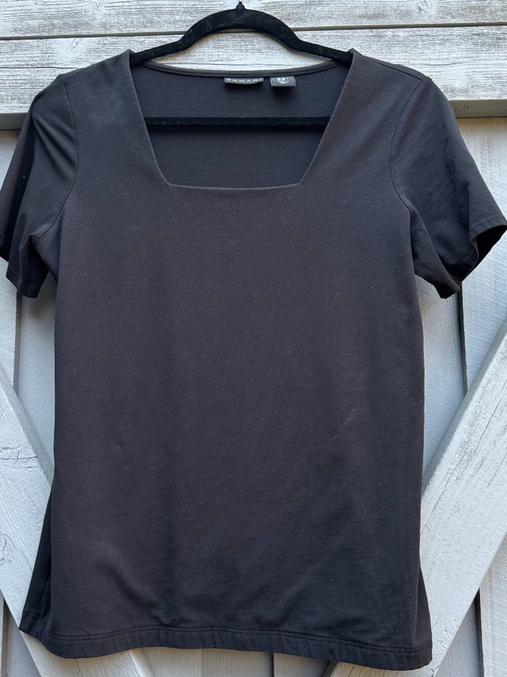 Tahari Women’s Black Square Neck Short Sleeve Stretch Top Size M Cotton Blend